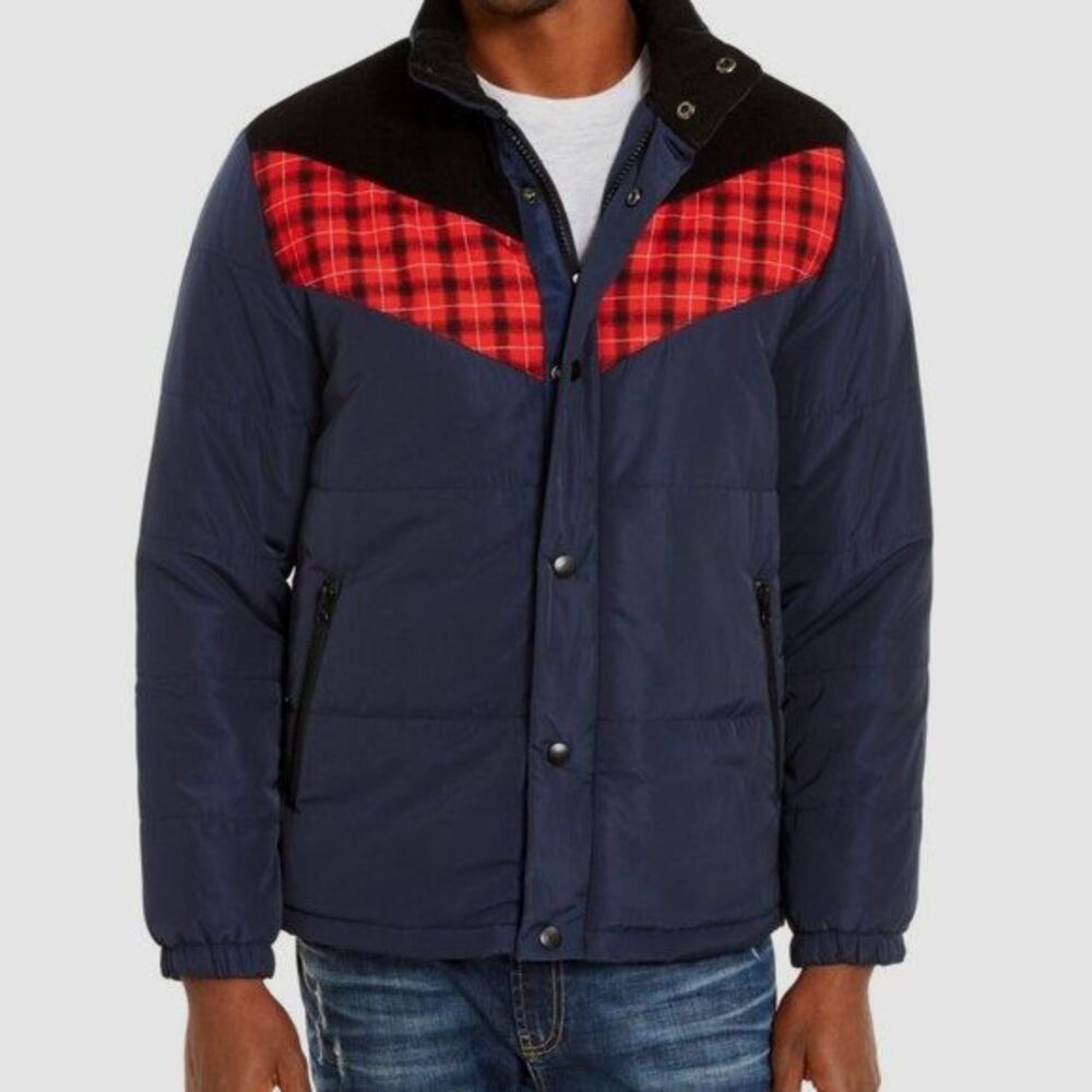 American Rag Men’s Blue Corduroy Puffer Jacket Plaid Yoke Size S NWT